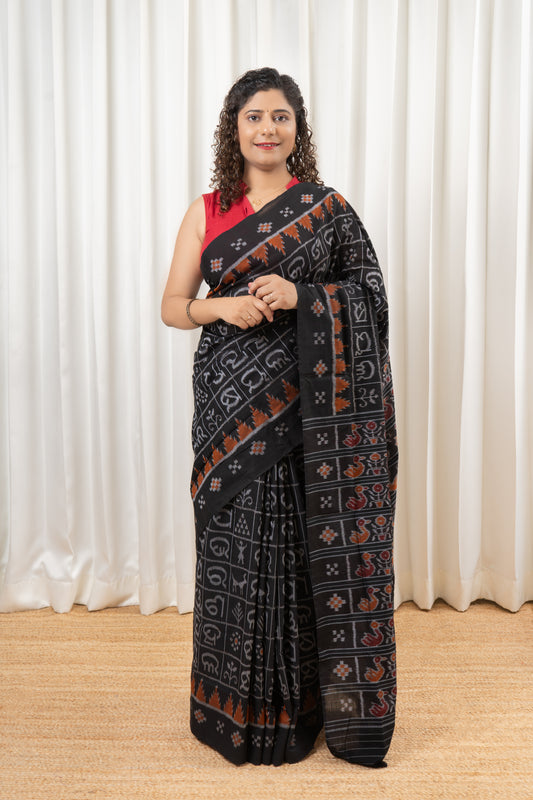 Exclusive Odia Varnamala Khandua Cotton Saree - Black