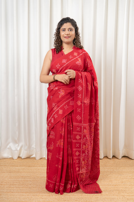 Odisha Ikkat Nabarangi Khandua Cotton Saree-Red