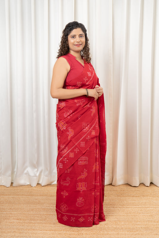 Odisha Ikkat Nabarangi Khandua Cotton Saree-Red