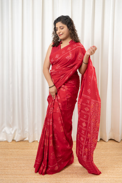 Odisha Ikkat Nabarangi Khandua Cotton Saree-Red