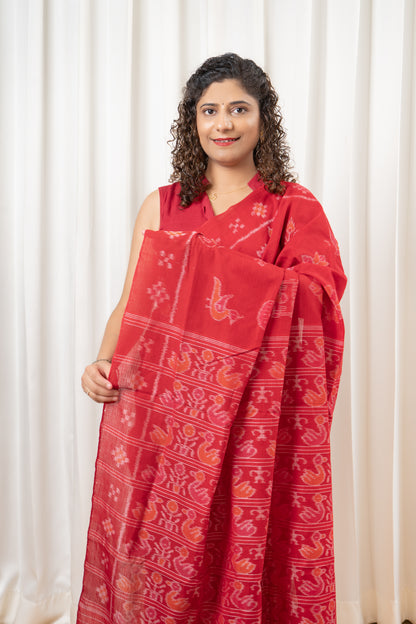 Odisha Ikkat Nabarangi Khandua Cotton Saree-Red