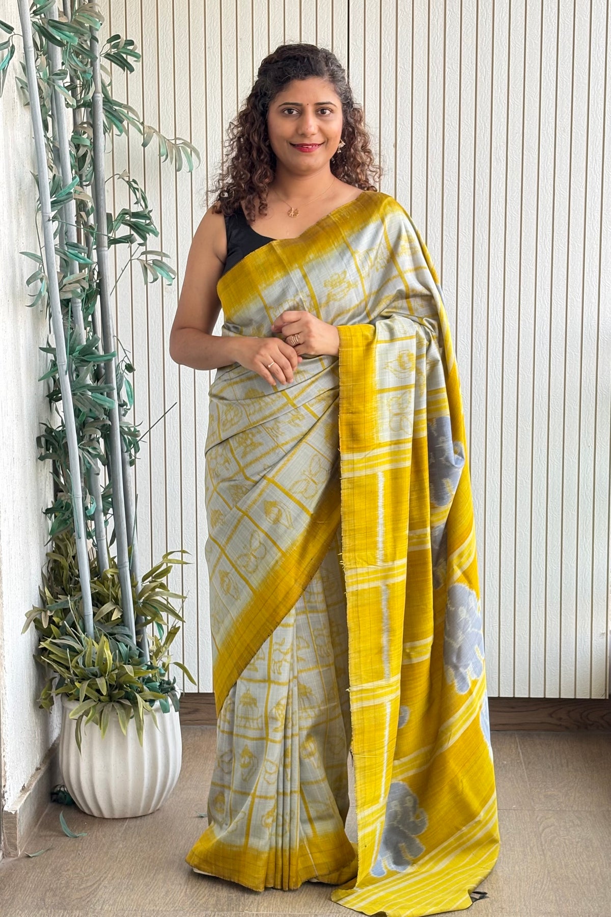 Exclusive Odisha Ikkat Nabakothi Pure Silk Saree- Silver Grey & Yellow
