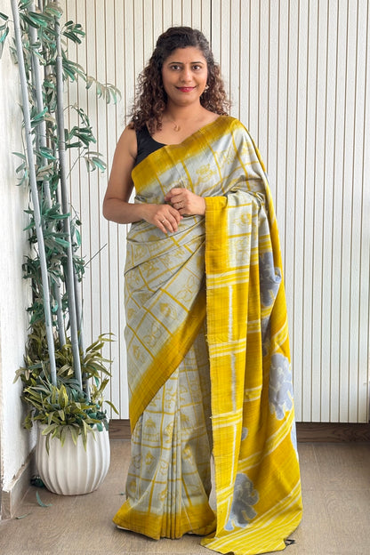 Exclusive Odisha Ikkat Nabakothi Pure Silk Saree- Silver Grey & Yellow