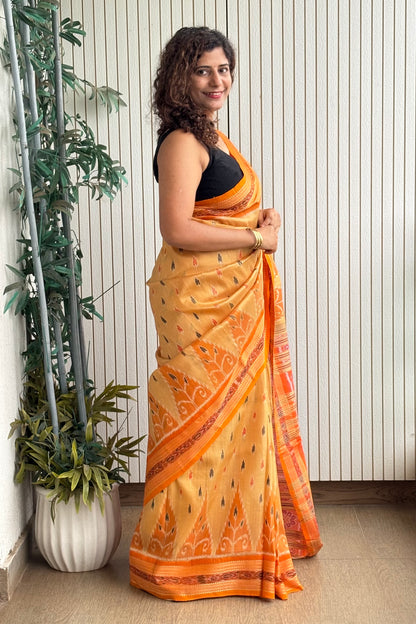 Odisha Ikkat Khandua Pure Silk Saree- Pastel Orange