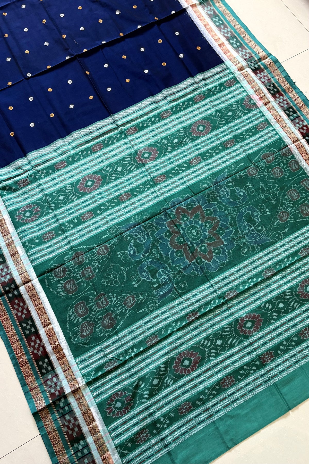 Sambalpuri Pure Cotton Saree - Navy & Sea Green