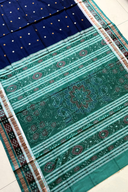Sambalpuri Pure Cotton Saree - Navy & Sea Green