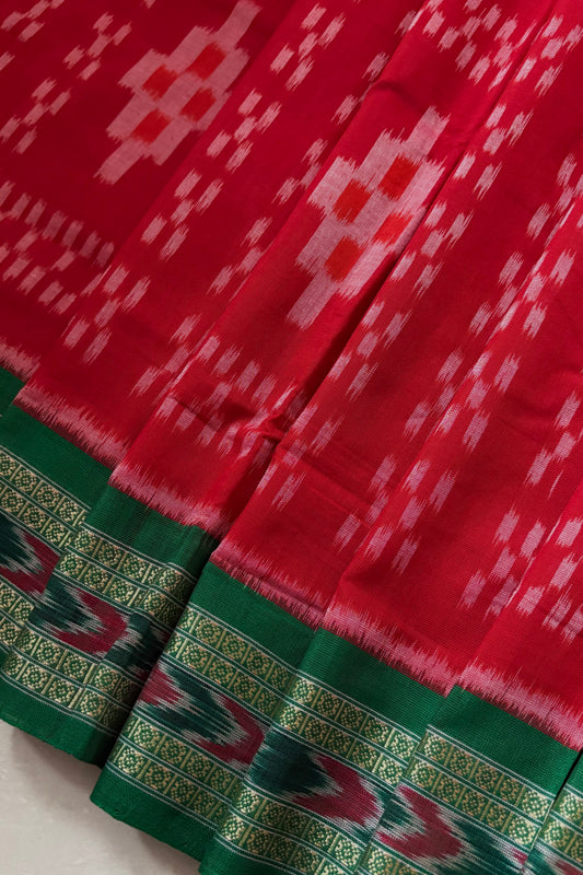Odisha Ikkat Khandua Cotton Saree - Red & Green