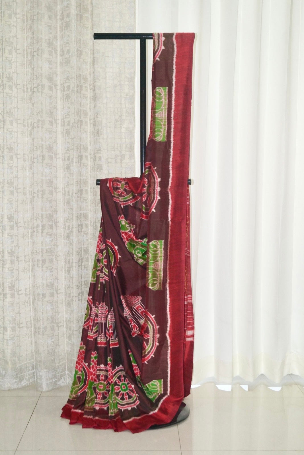 Exclusive Odisha Ikkat Khandua Pure Silk Konark Saree- Dual tone Maroon