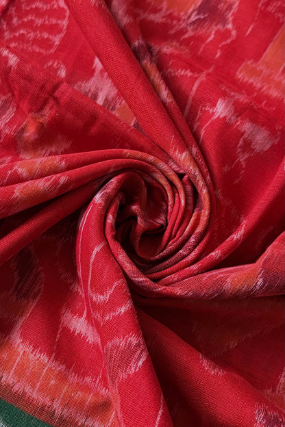 Exclusive Curvilinear Sambalpuri Ikkat Pure Cotton Saree : Red & Green