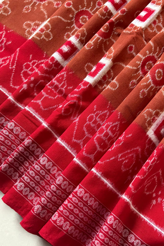 Sambalpuri Pure Cotton Saree - Brown & Red