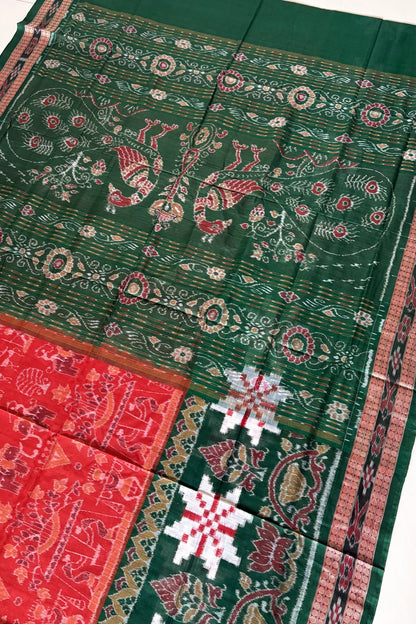 Exclusive Curvilinear Sambalpuri Ikkat Pure Cotton Saree : Red & Green