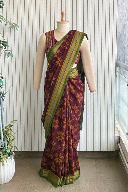 Odisha Ikkat Khandua Cotton Saree - Coffee
