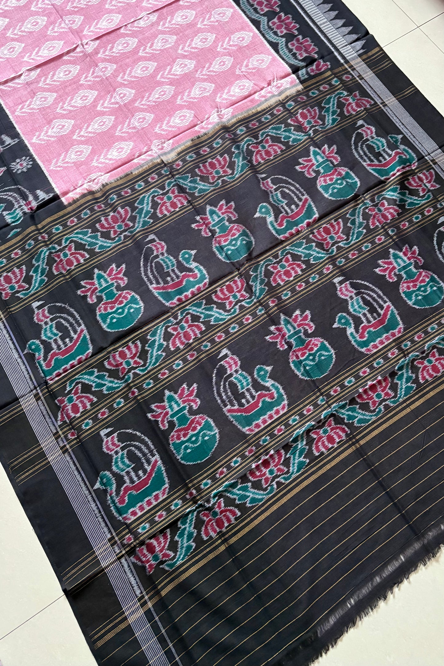 Odisha Ikkat Khandua Cotton Saree - Rose Pink