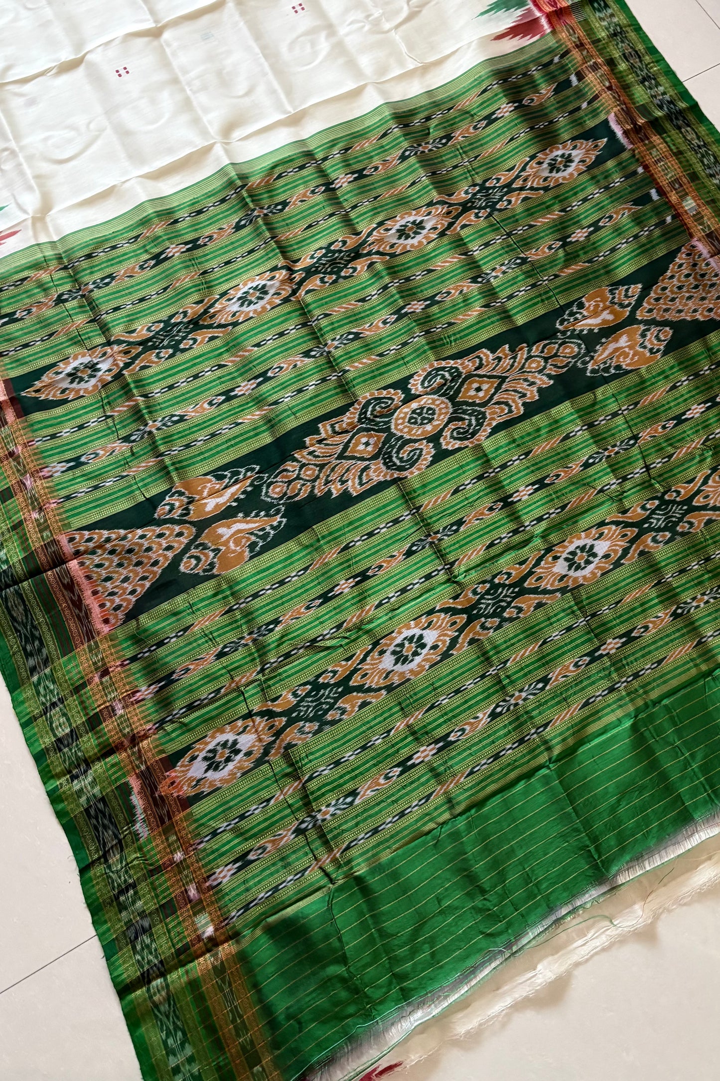 Odisha Ikkat Double Border Khandua Silk Saree - Off White