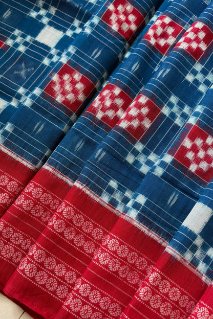 Sambalpuri Pure Cotton Saree: Blue & Red