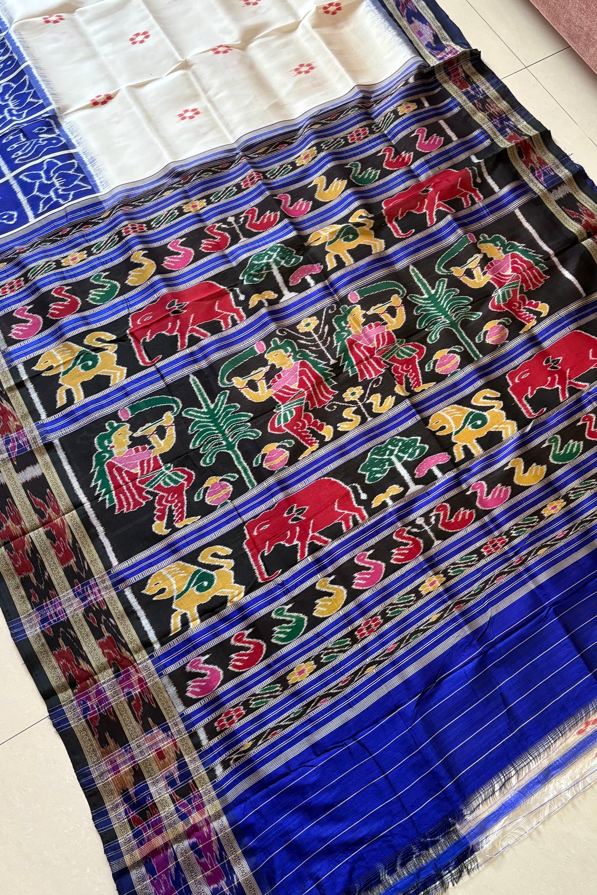 Exclusive Odisha Ikkat Nuapatna Silk Saree - White-Navy Blue