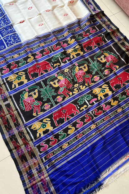 Exclusive Odisha Ikkat Nuapatna Silk Saree - White-Navy Blue
