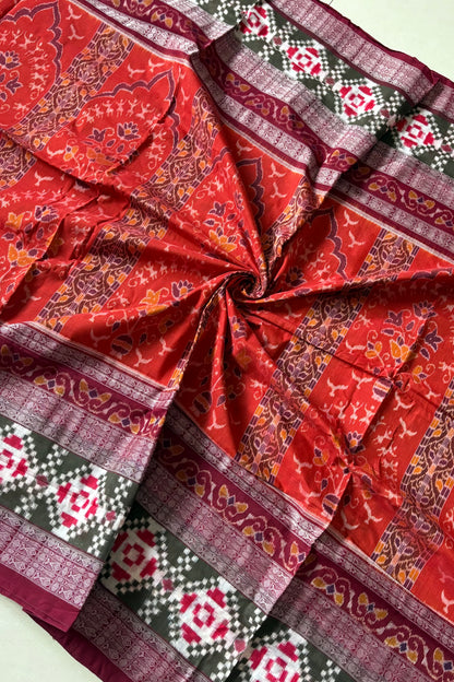 Exclusive Curvilinear Sambalpuri Ikkat Pure Cotton Saree : Rust Orange & Olive