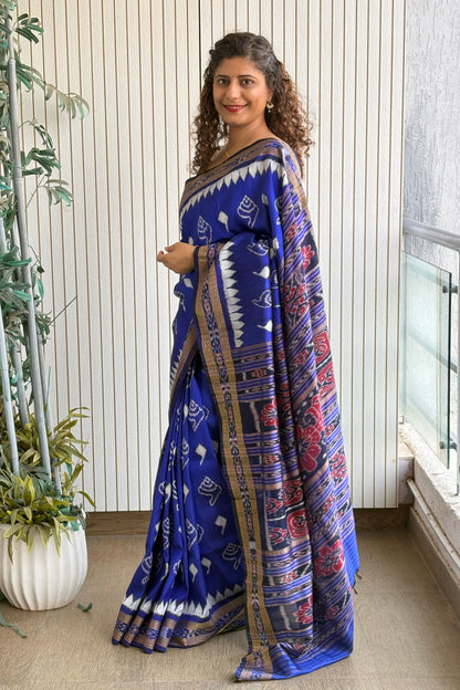 Odisha Ikkat Khandua Silk Saree - Indigo
