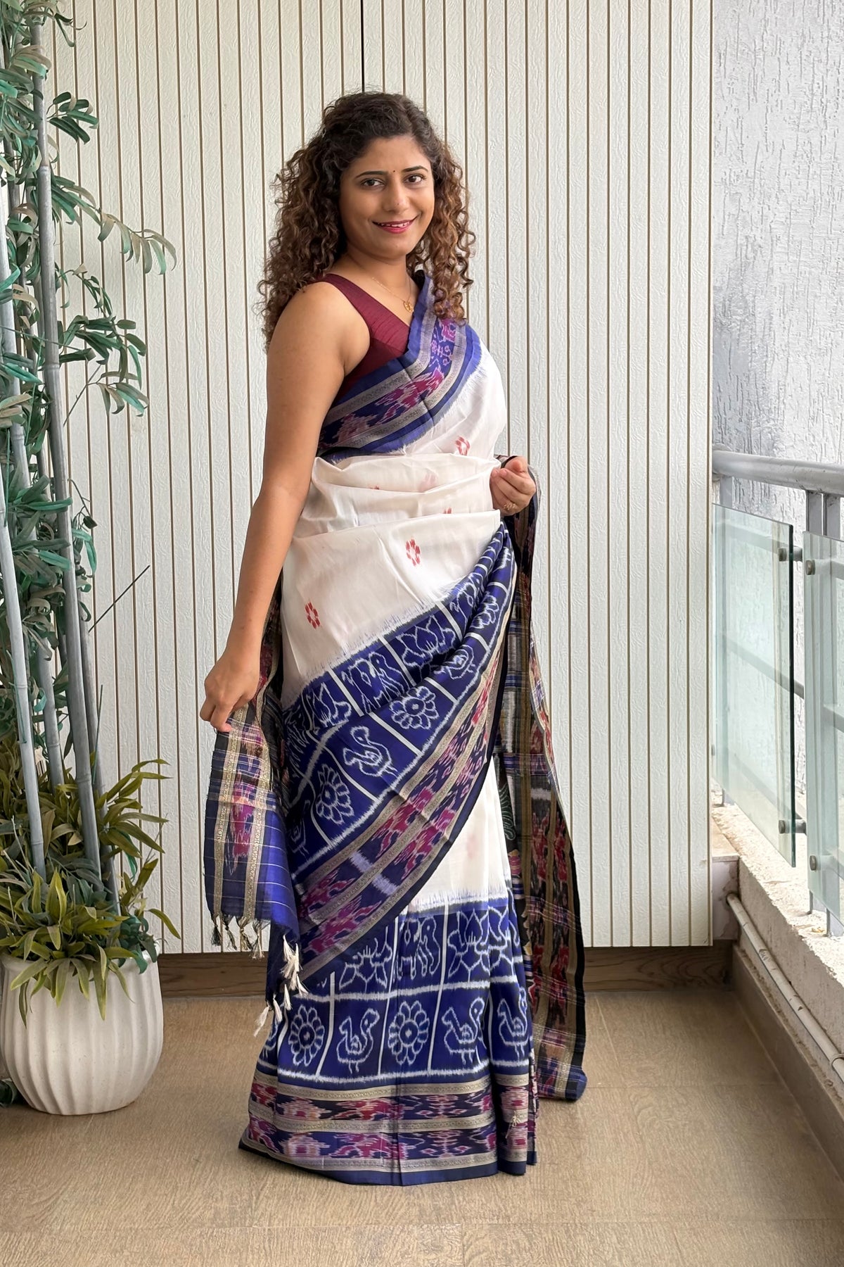 Exclusive Odisha Ikkat Nuapatna Silk Saree - White-Navy Blue