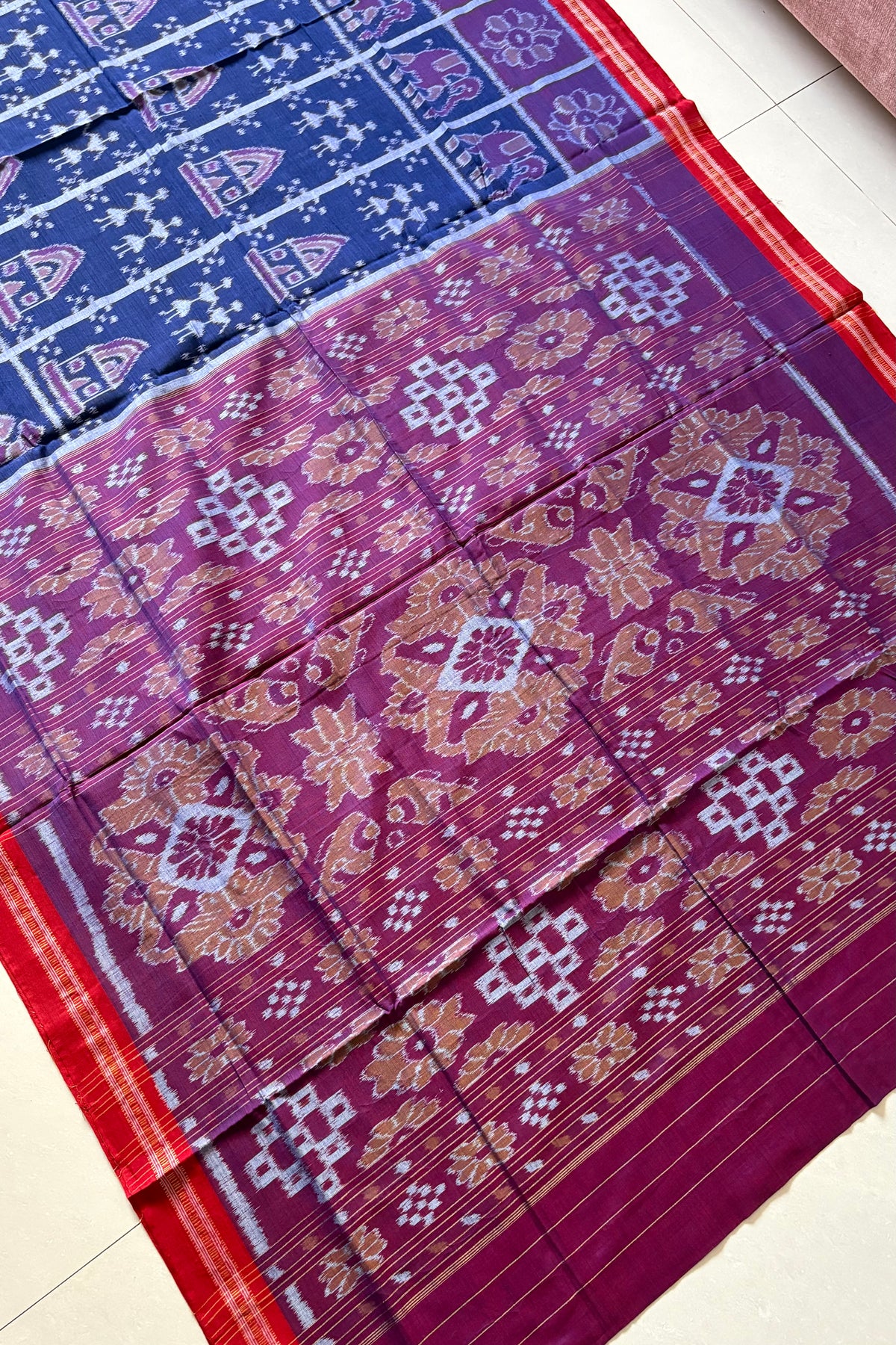 Odisha Ikkat Khandua Cotton Saree - Dark Indigo