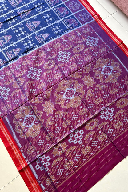 Odisha Ikkat Khandua Cotton Saree - Dark Indigo