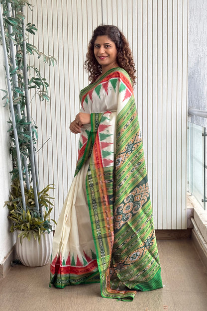Odisha Ikkat Double Border Khandua Silk Saree - Off White