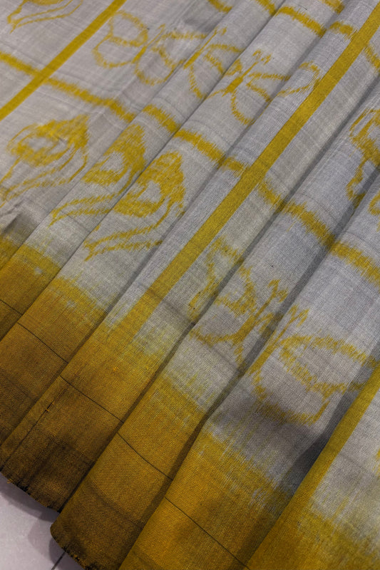 Exclusive Odisha Ikkat Nabakothi Pure Silk Saree- Silver Grey & Yellow