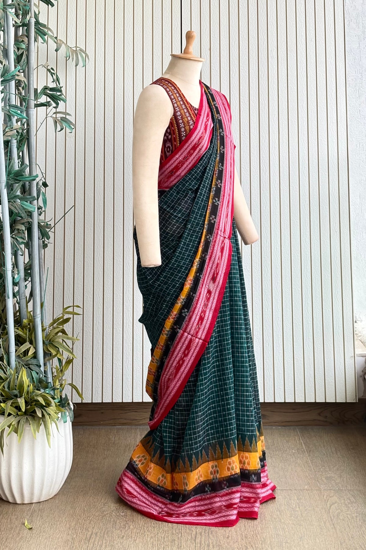 Odisha Ikkat Khandua Cotton Saree - Bottle Green
