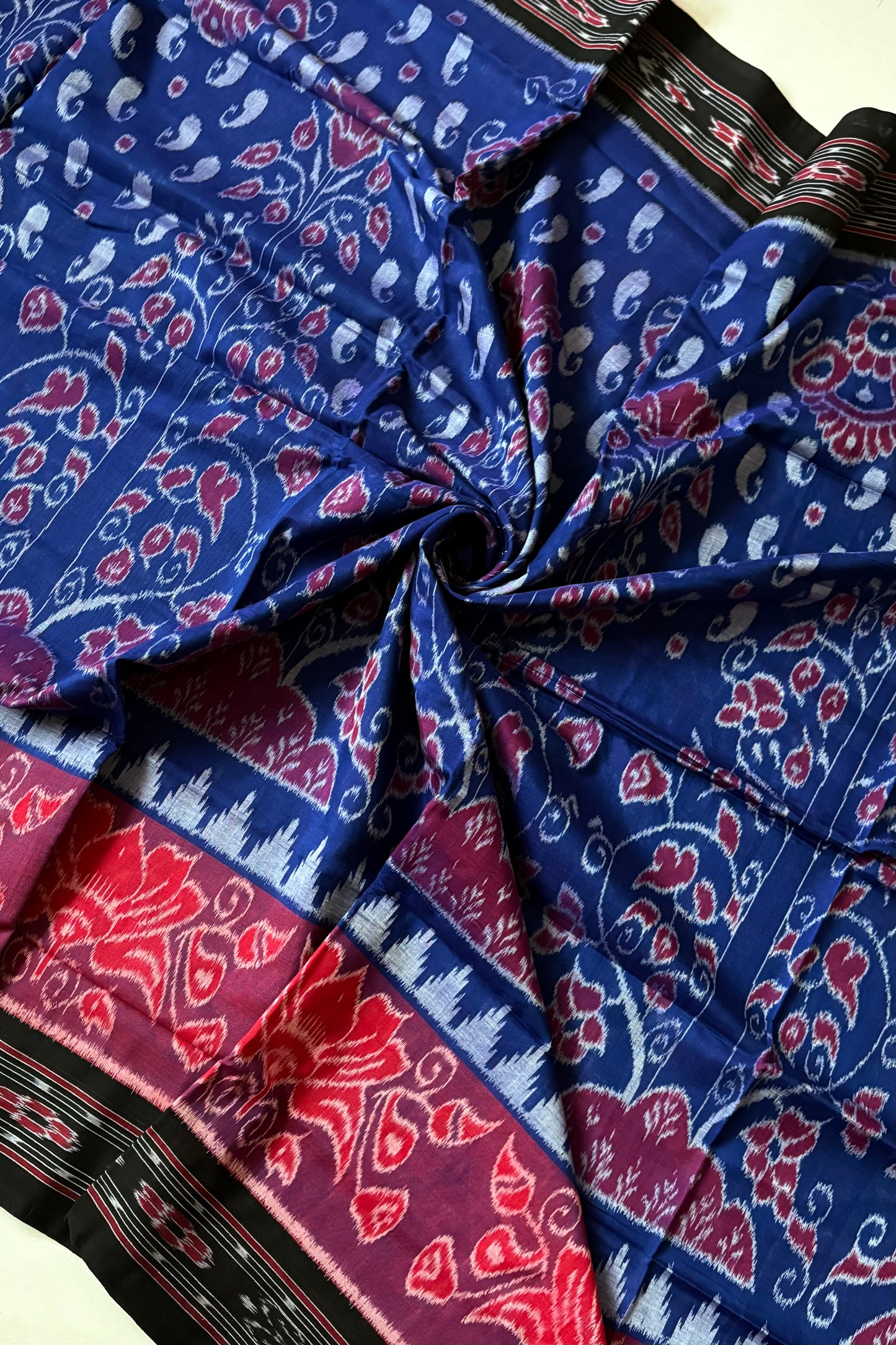 Odisha Ikkat Khandua Cotton Saree - Deep Navy Blue