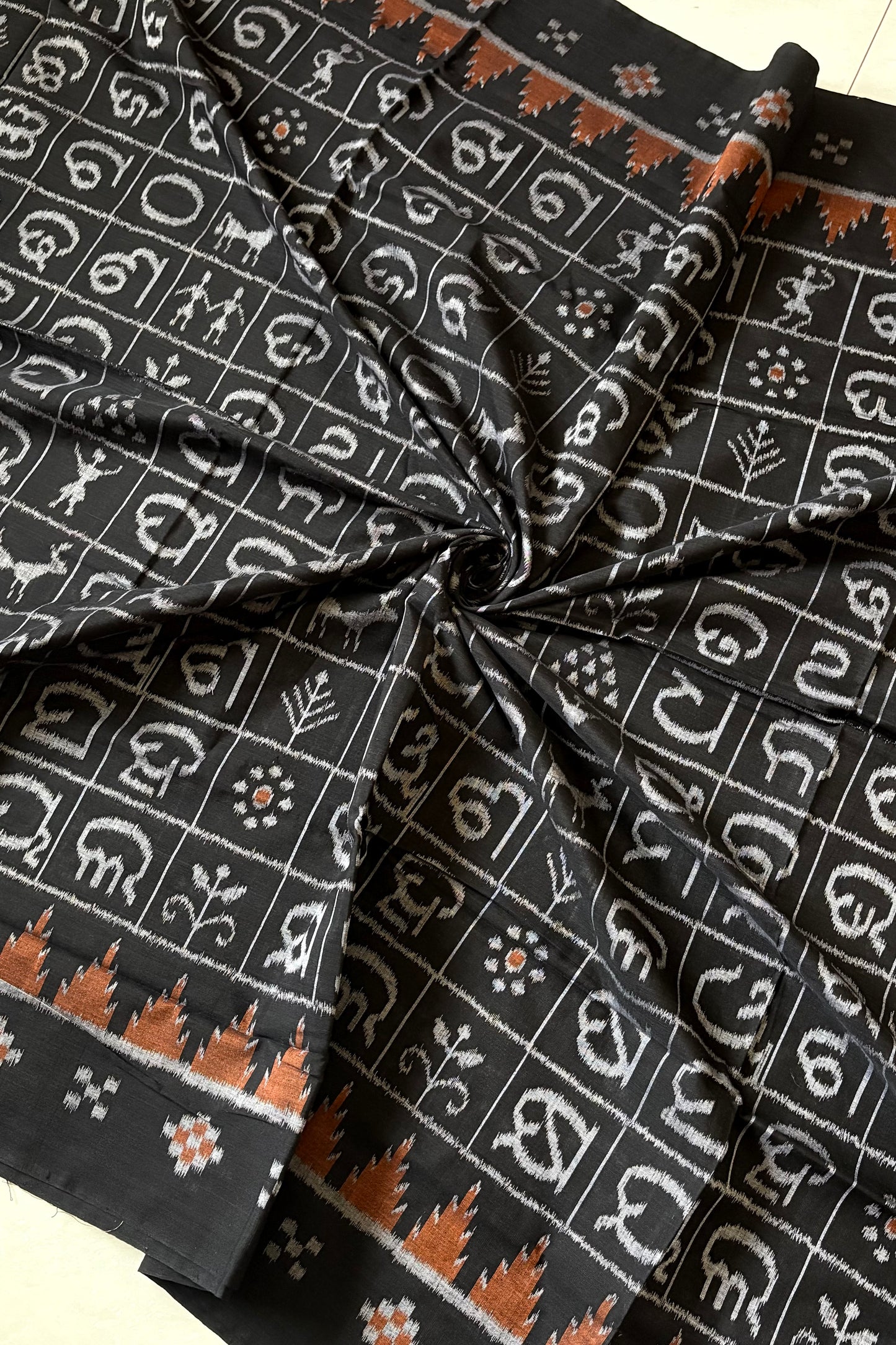 Exclusive Odia Varnamala Khandua Cotton Saree - Black