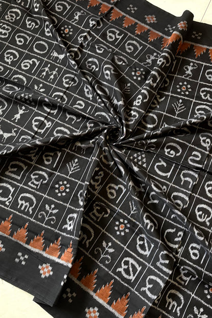 Exclusive Odia Varnamala Khandua Cotton Saree - Black