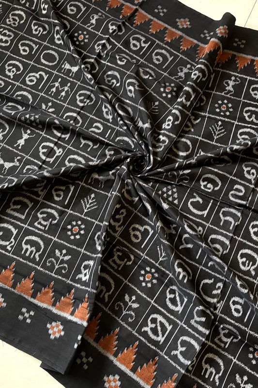 Exclusive Odia Varnamala Khandua Cotton Saree - Black