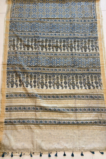 Ajrakh Mulberry Natural Dye Hand Block Print Saree - Beige