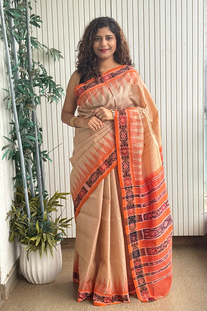 Nuapatna Ikkat Tussar (Matha) Silk Saree: Beige
