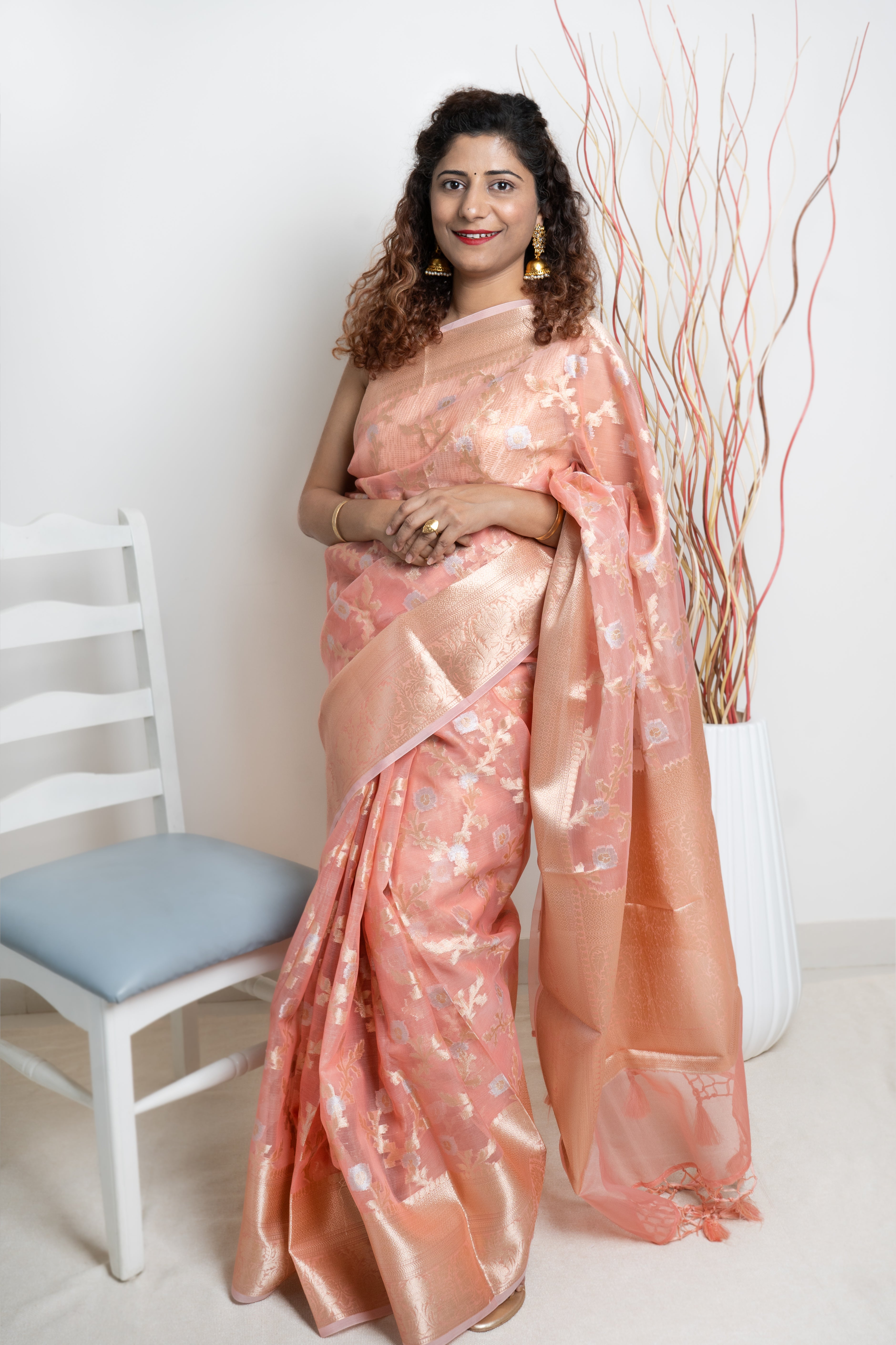 Semi Organza Banarasi Saree- Peach