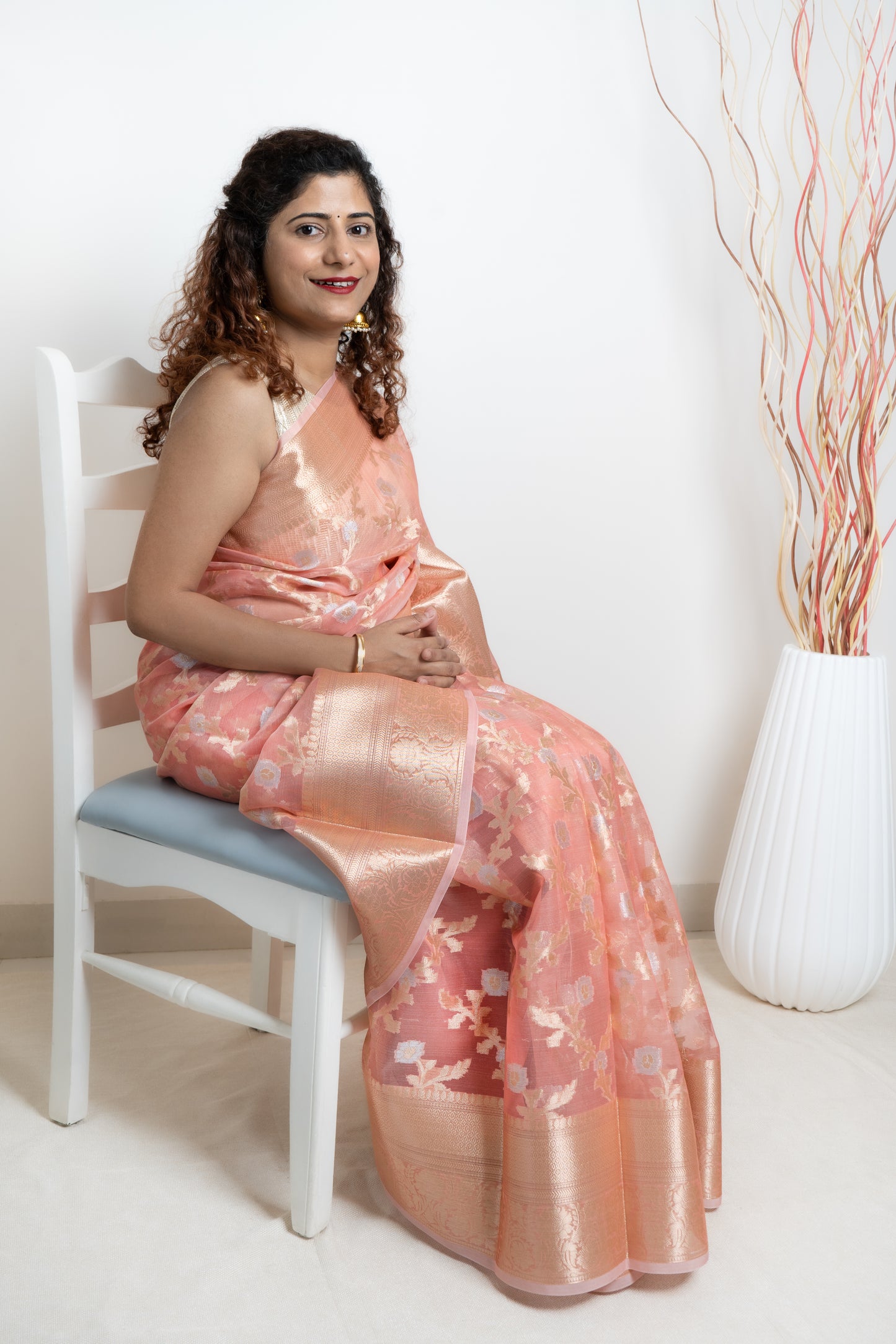 Semi Organza Banarasi Saree- Peach