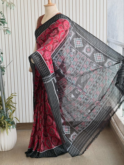 Exclusive Odisha Ikkat Khandua Cotton Saree - Red-Black