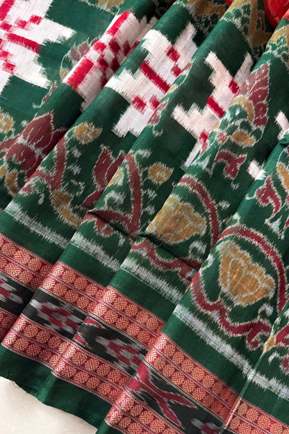 Exclusive Curvilinear Sambalpuri Ikkat Pure Cotton Saree : Red & Green