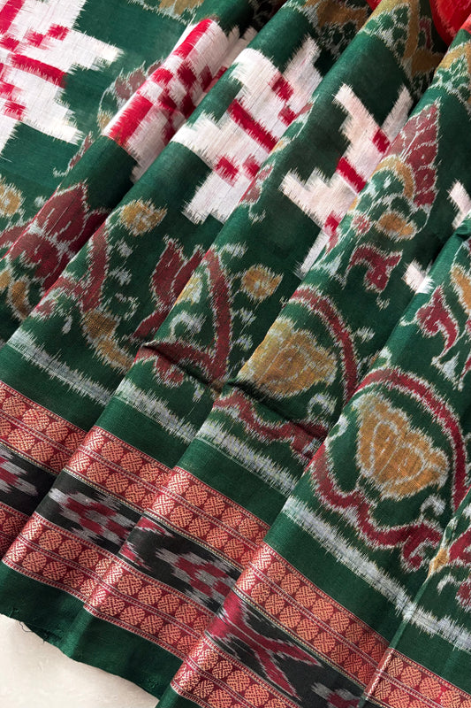 Exclusive Curvilinear Sambalpuri Ikkat Pure Cotton Saree : Red & Green
