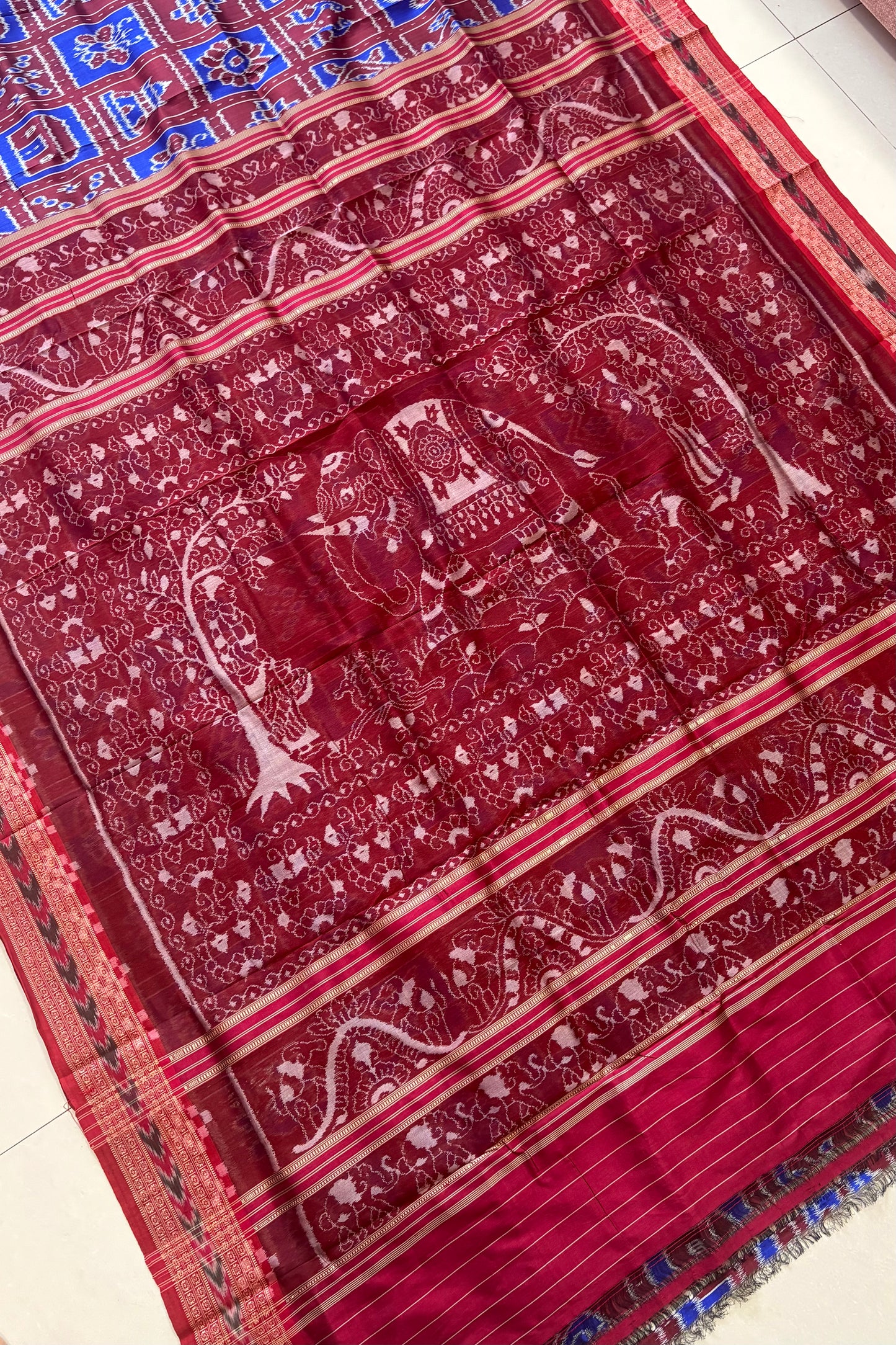 Exclusive Odisha Ikkat Nabakothi Pure Silk Saree- Maroon & Blue