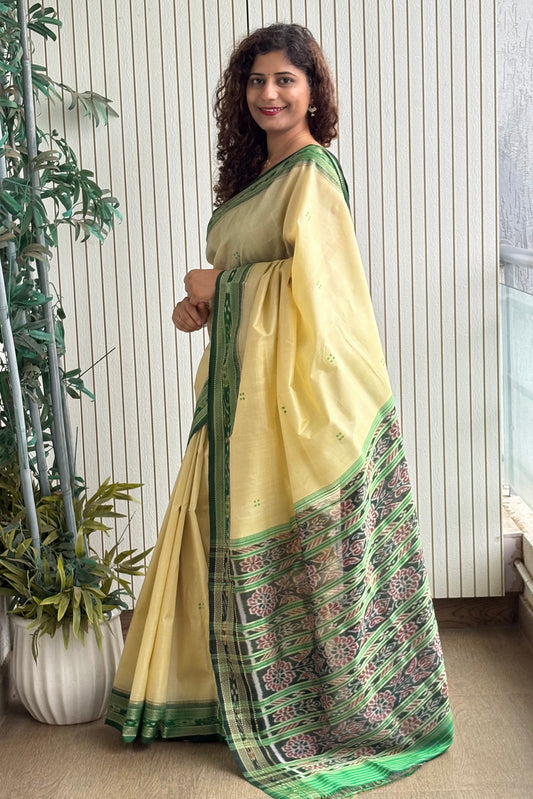 Odisha Ikkat Khandua Pure Silk Saree- Beige And Green