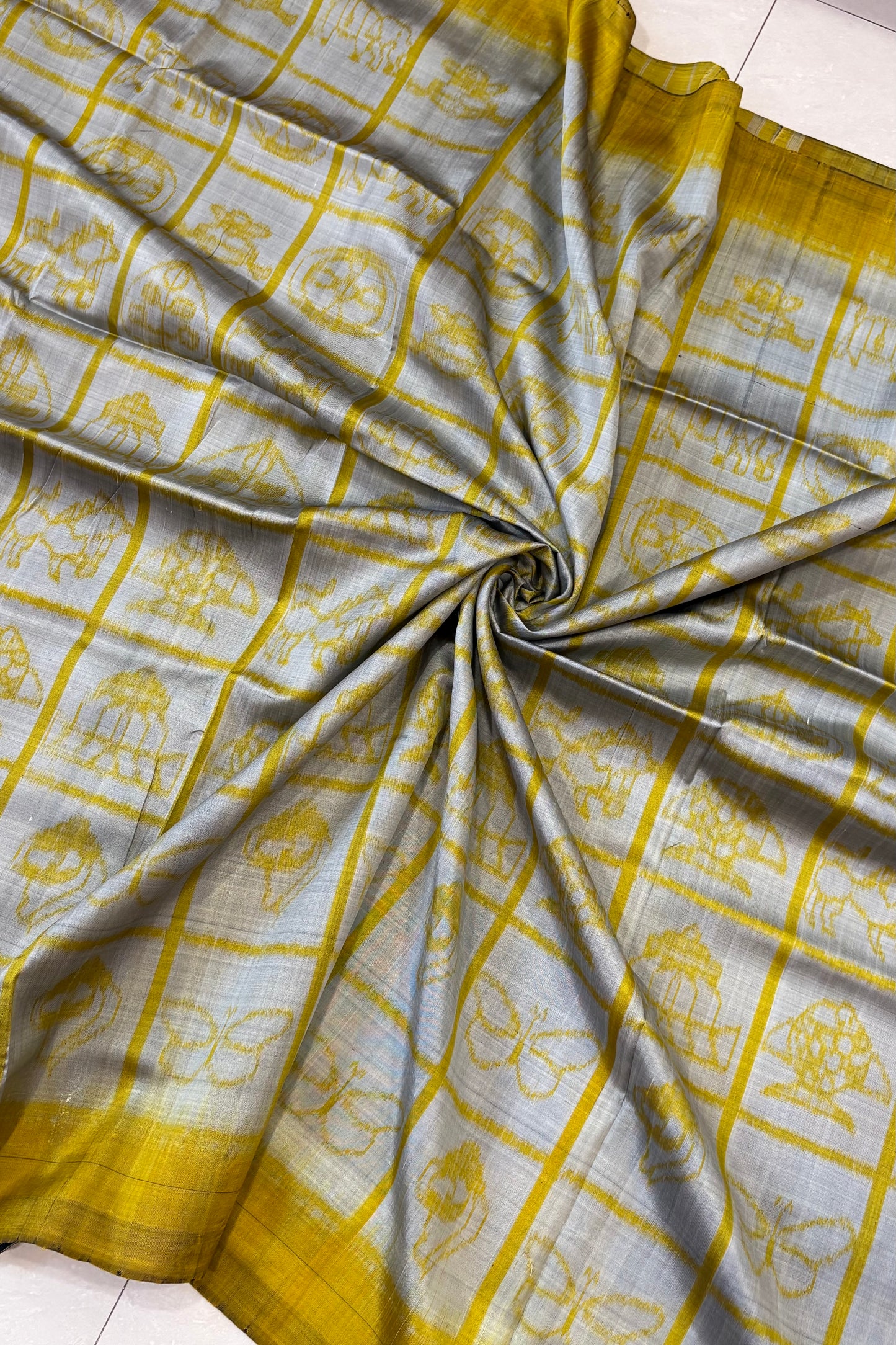 Exclusive Odisha Ikkat Nabakothi Pure Silk Saree- Silver Grey & Yellow