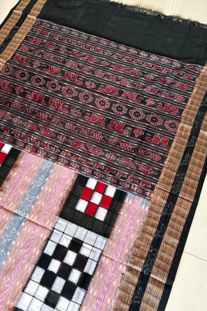 Sambalpuri Bichitrapuri Pure Cotton Saree: White-Beige-Black