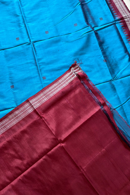 Exclusive Double Pallu Berhampuri Pure Silk Patta Saree - Blue & Deep Maroon