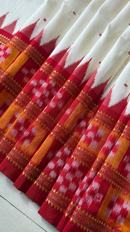 Double Pasapali Border Khandua Ikkat Silk Saree - Off White and Red