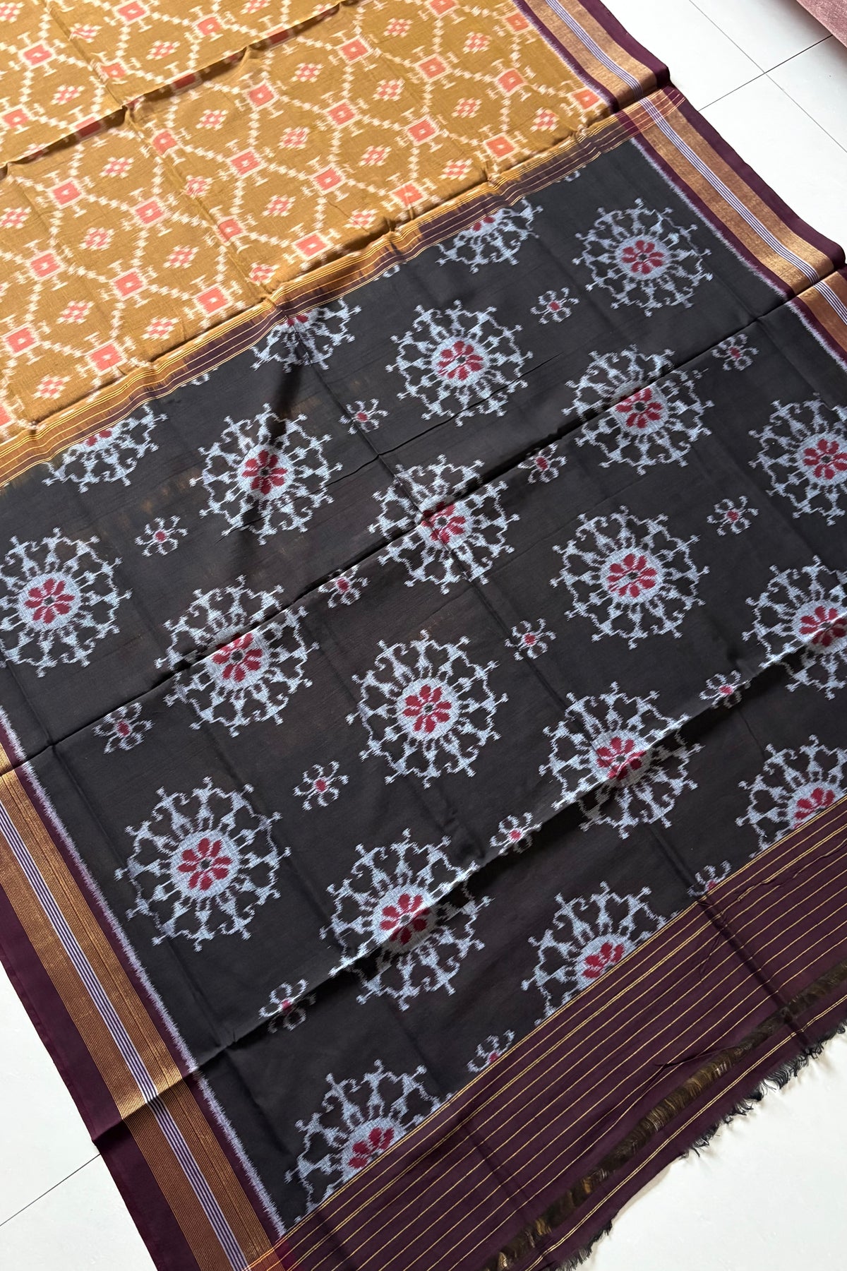 Exclusive Odisha Ikkat Khandua Cotton Saree - Olive Yellow