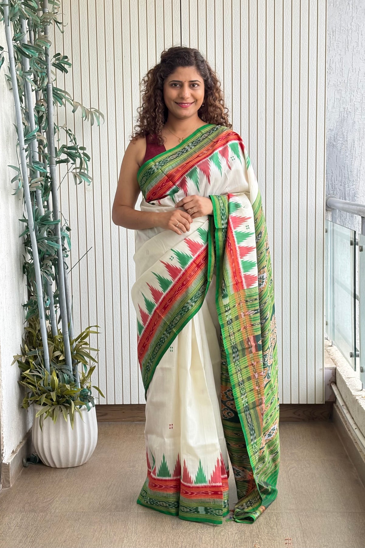 Odisha Ikkat Double Border Khandua Silk Saree - Off White