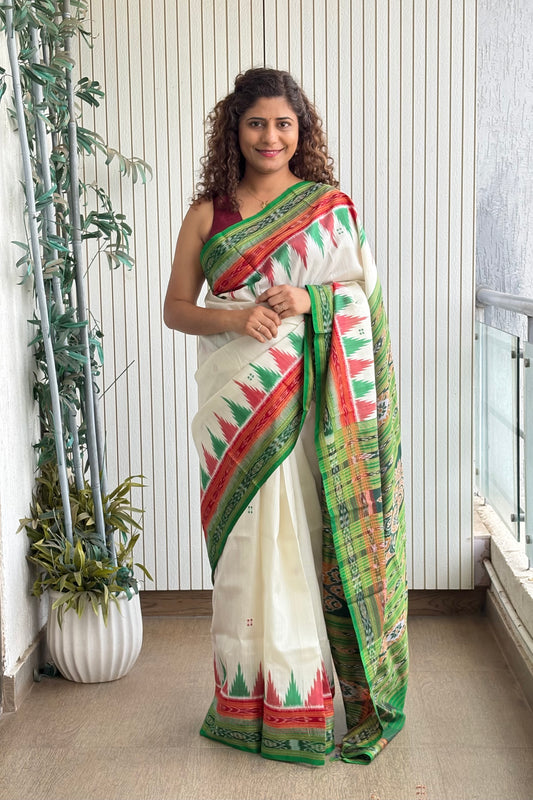Odisha Ikkat Double Border Khandua Silk Saree - Off White