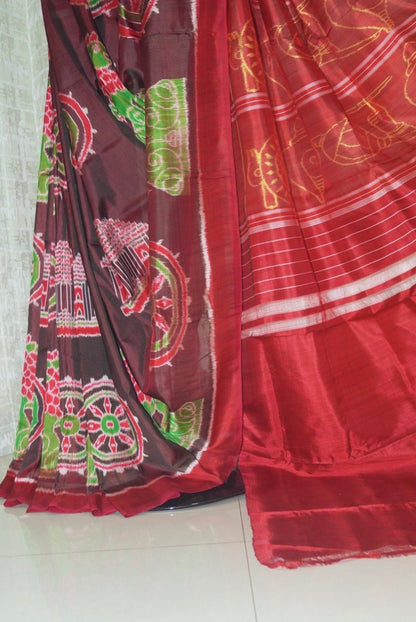 Exclusive Odisha Ikkat Khandua Pure Silk Konark Saree- Dual tone Maroon